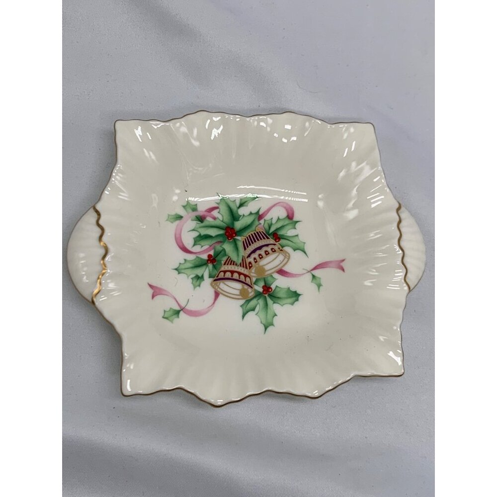 Mikasa Ivory Bone China Christmas Spirit Dish Handled 5" Square Holly Bells